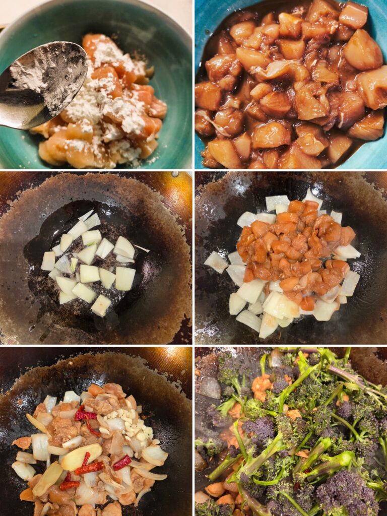 steps for how to cook the stir-fried broccoli: 1. marinade the chicken, 2. toss in onion, 3. toss in chicken, 4. toss in all ingredients. 5. toss in broccoli