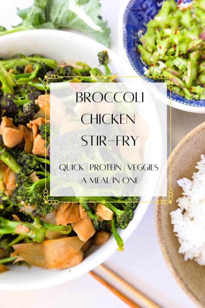 Plated Broccoli Chicken Stir-Fry with rice and broccoli stems