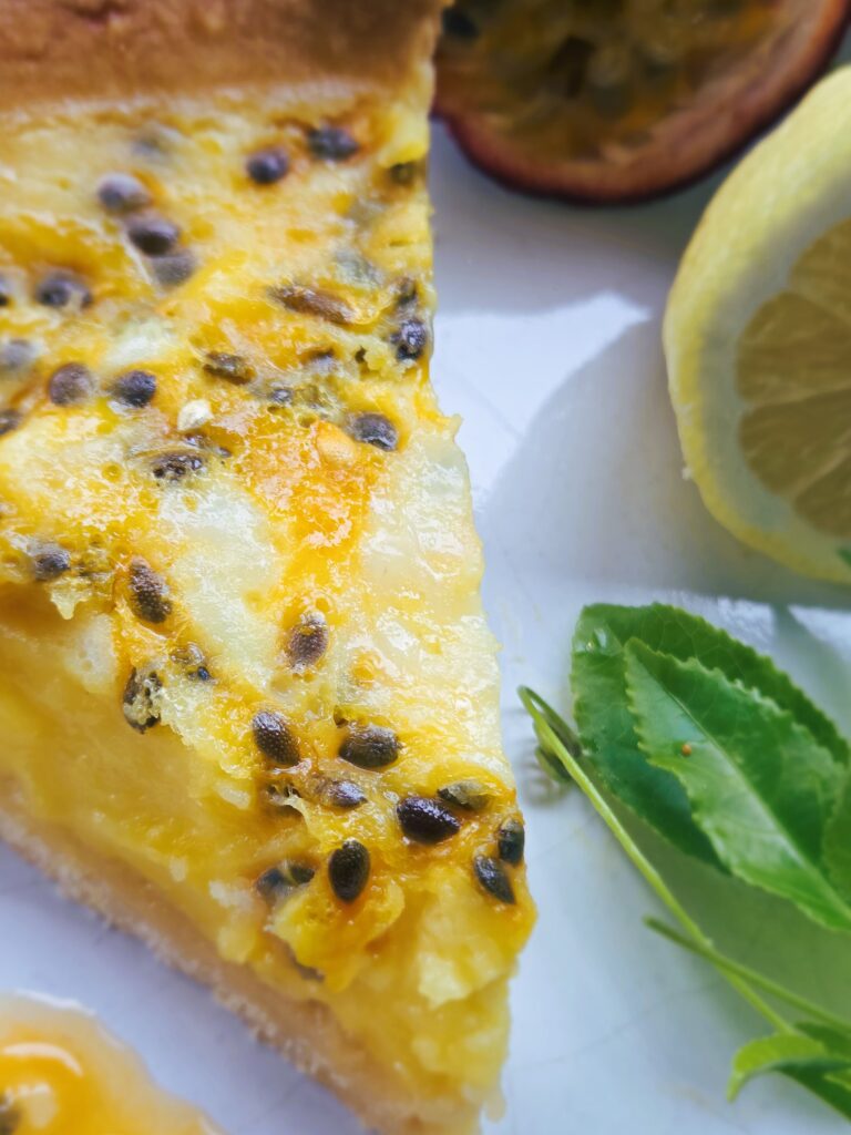 Closer angle of the Passionfruit Lemon Tart plated