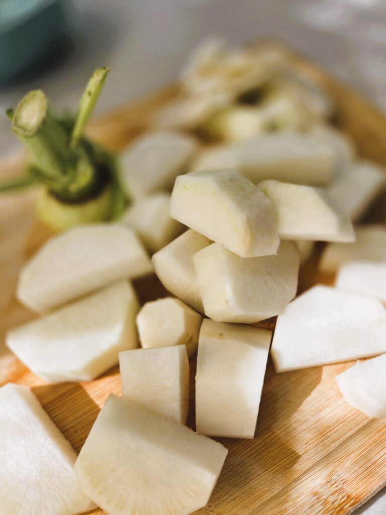 Showing the cut shape of the daikons for the recipe