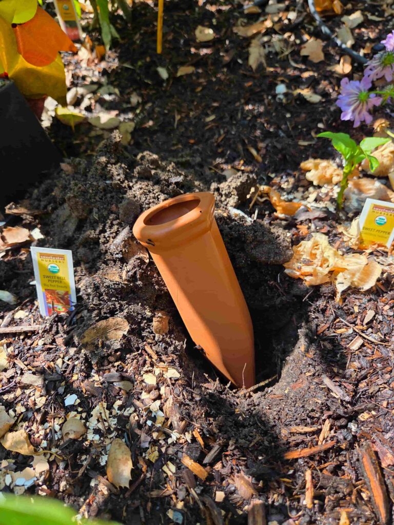 Terra cotta stake, ready to be staked into the garden bed soil
