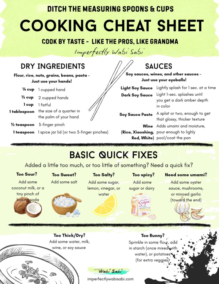 Cooking Cheat Sheet Freebie containing tips and tricks for how to cook without the measuring spoons and cups